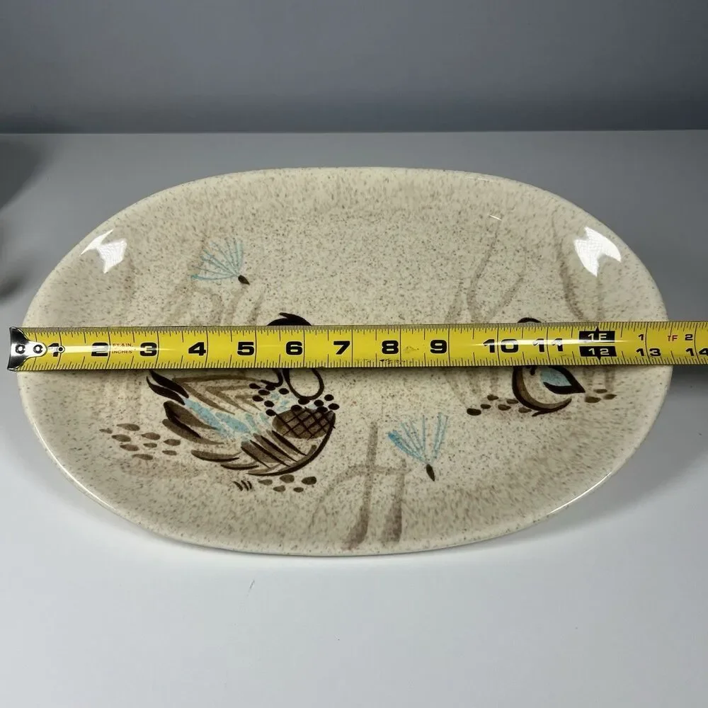 1 Vintage Red Wing Bob White Oval Platter Speckled Stoneware Quail 13.5 x 9